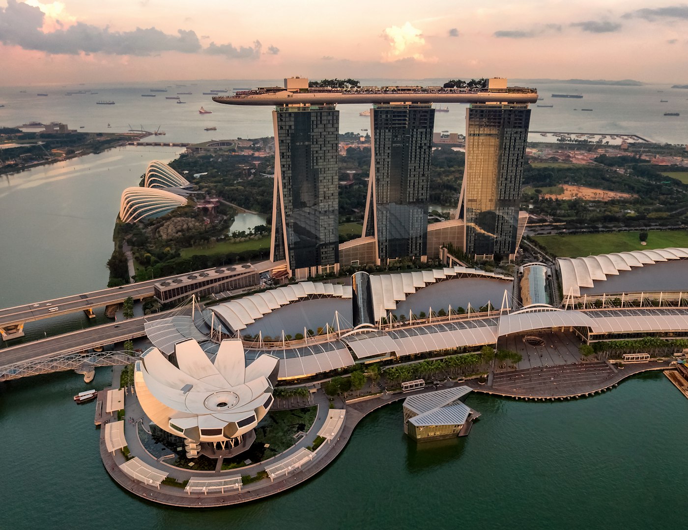 Singapore waterfront at dusk near the downtown fringe